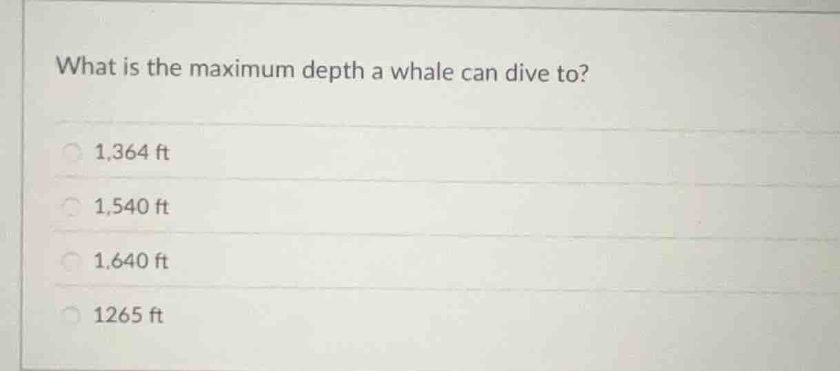 what is the maximum depth a whale can dive to? 1,364 ft 1,540 ft 1,640 …