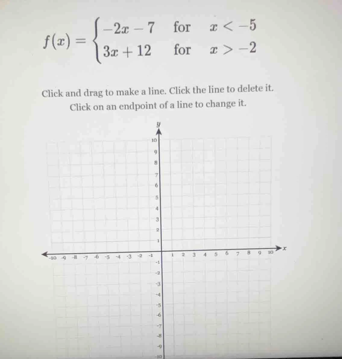 f(x) = \\begin{cases} -2x - 7 & \\text{for} & x < -5 \\\\ 3x + 12 & \\t…