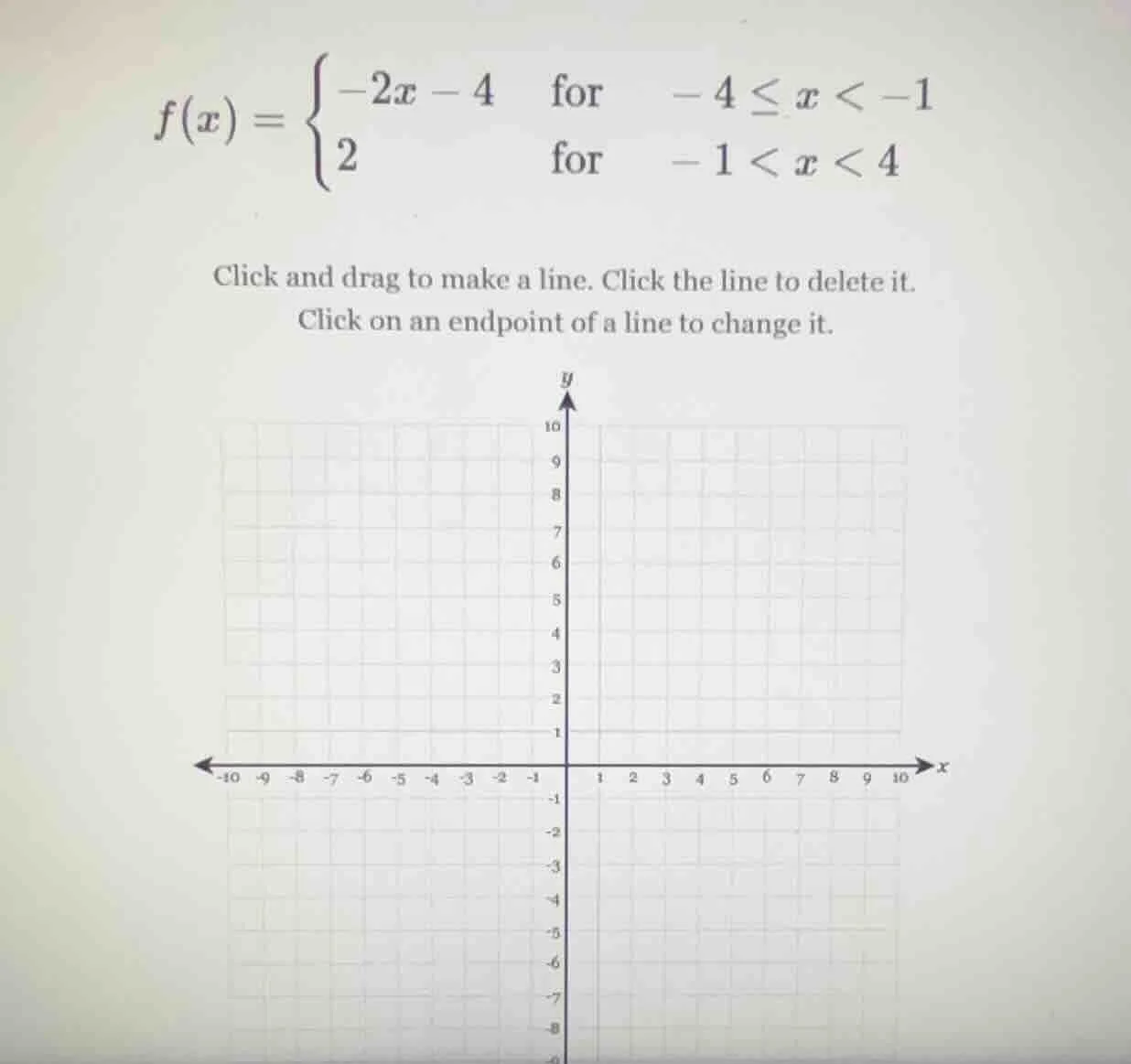 f(x) = \\begin{cases} -2x - 4 & \\text{for} & -4 \\leq x < -1 \\\\ 2 & …