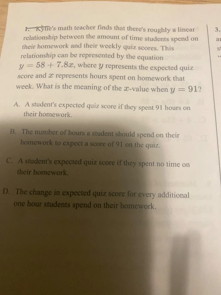 1. kylies math teacher finds that theres roughly a linear relationship …