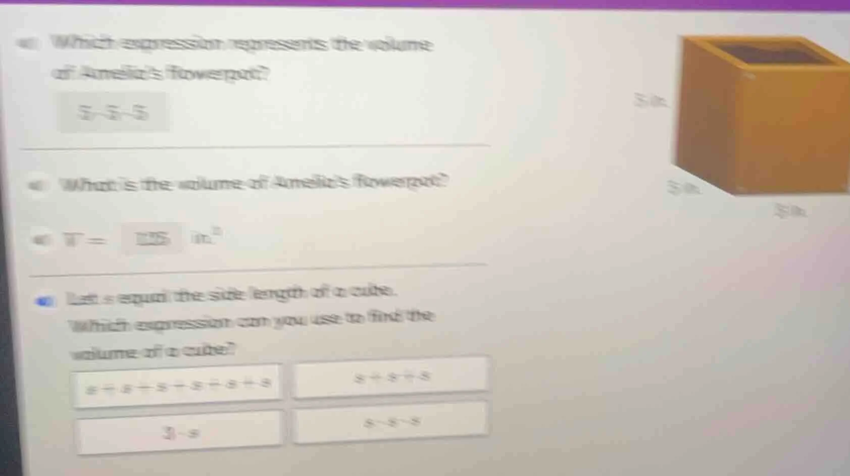 a) which expression represents the volume of amelias flowerpot? 5×5×5 b…