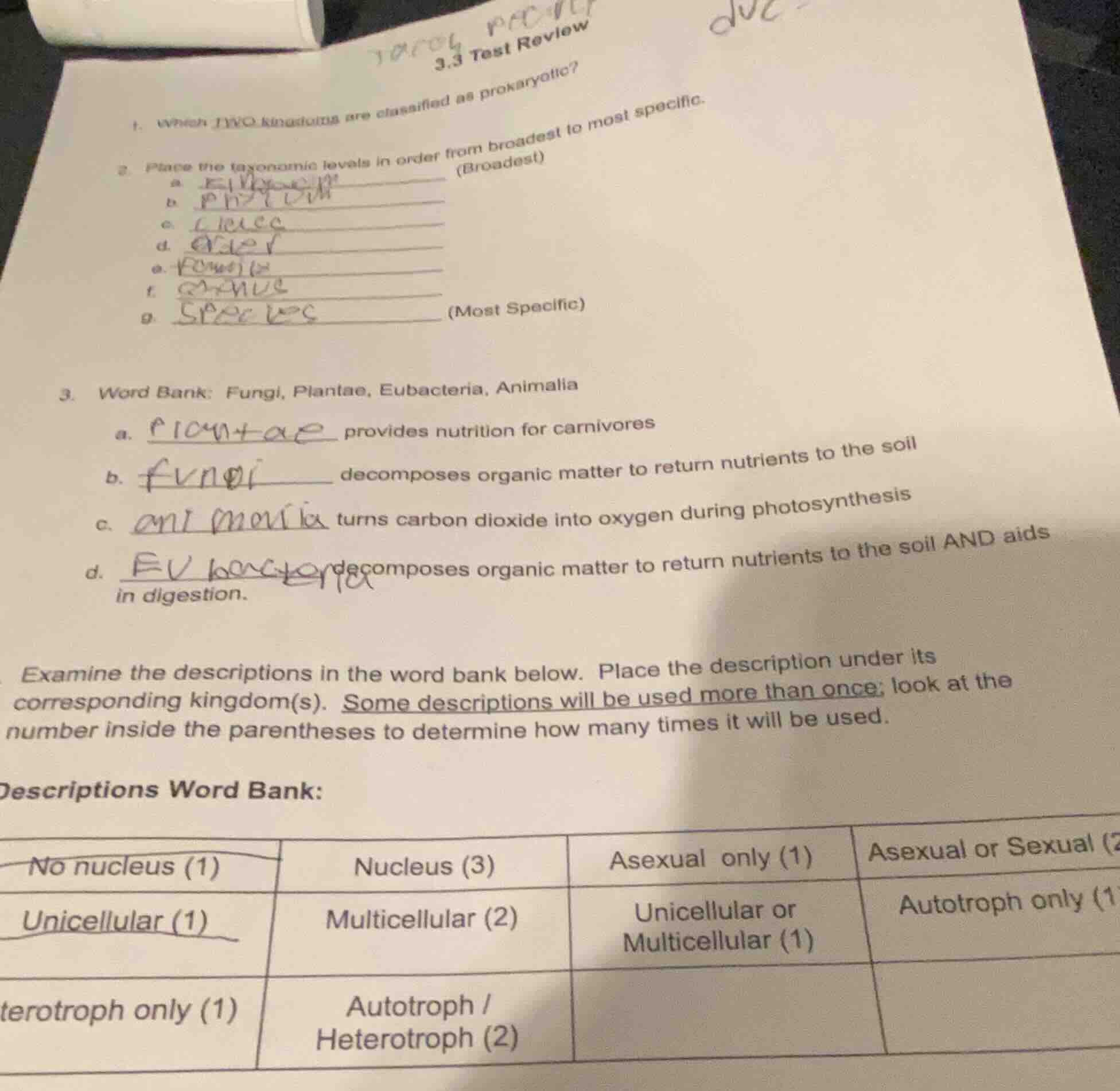 3.3 test review 1. which two kingdoms are classified as prokaryotic? 2.…