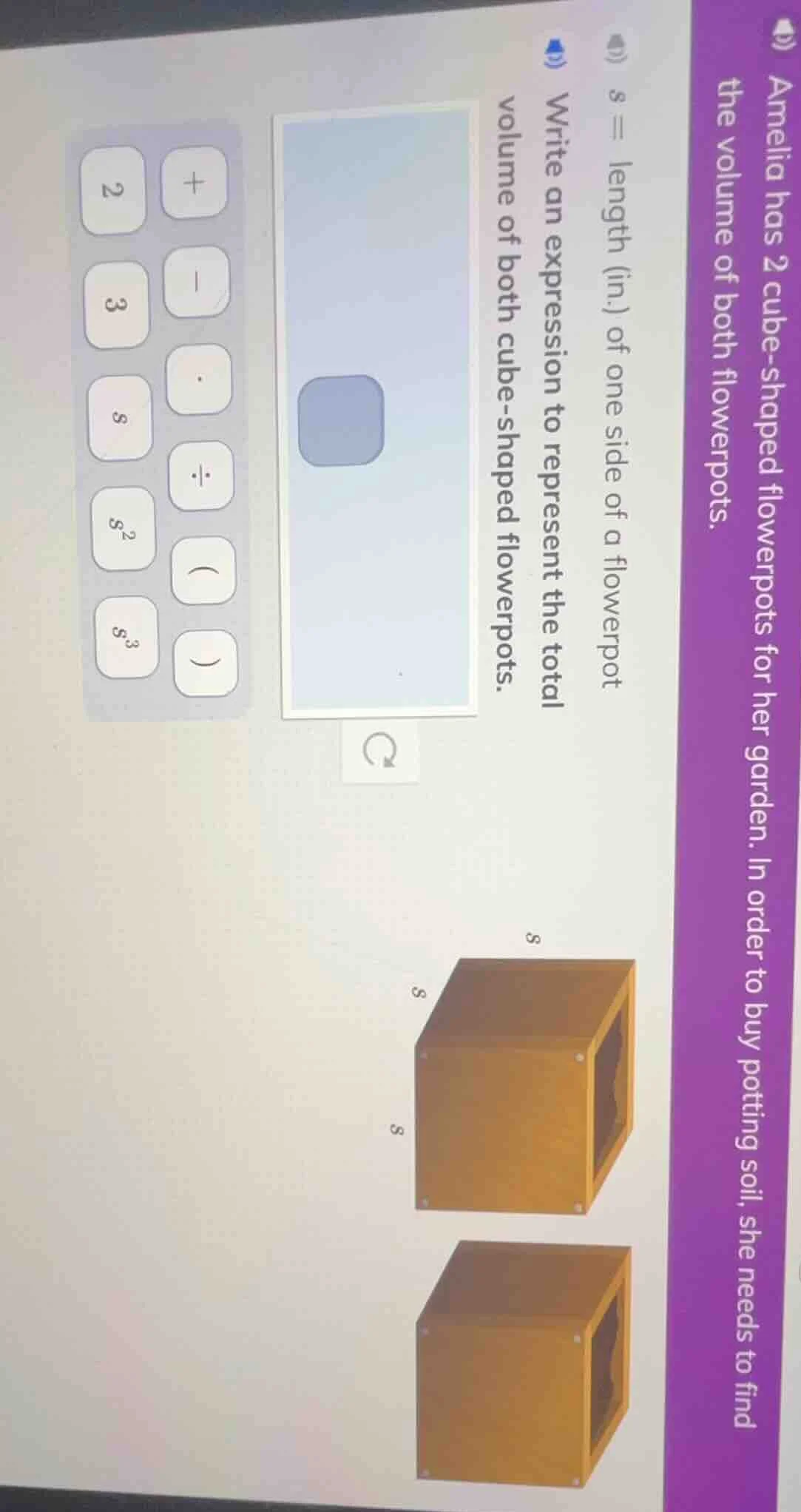amelia has 2 cube - shaped flowerpots for her garden. in order to buy p…