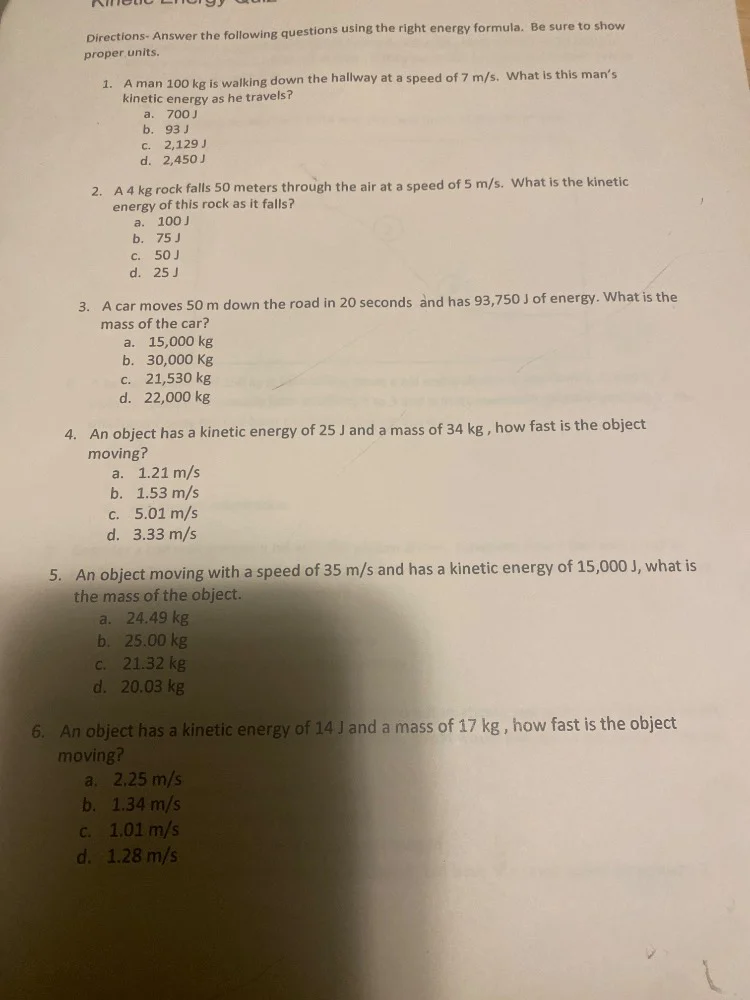 kinetic energy quiz directions- answer the following questions using th…