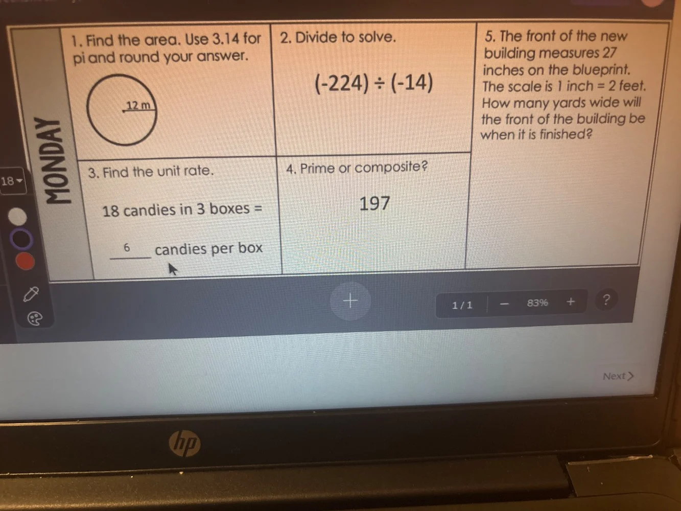 1. find the area. use 3.14 for pi and round your answer. 2. divide to s…