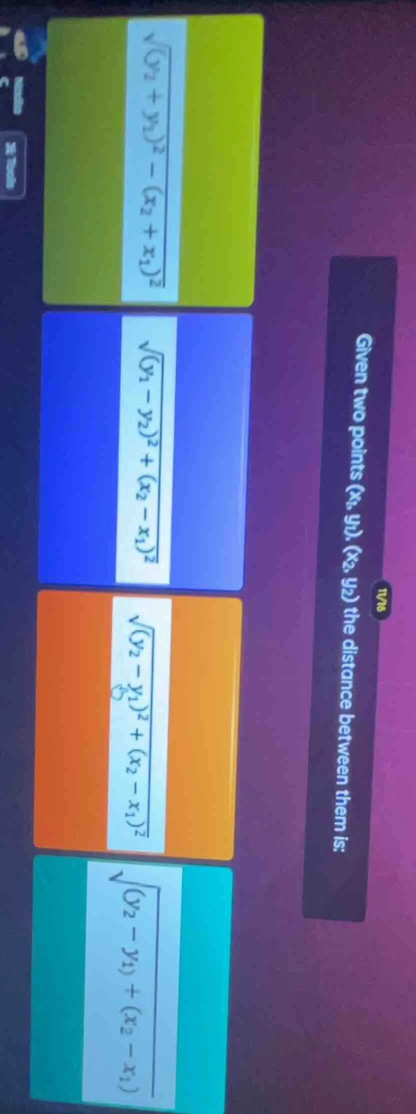 given two points ((x_1, y_1)), ((x_2, y_2)) the distance between them i…