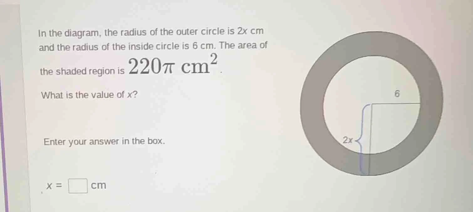 in the diagram, the radius of the outer circle is 2x cm and the radius …