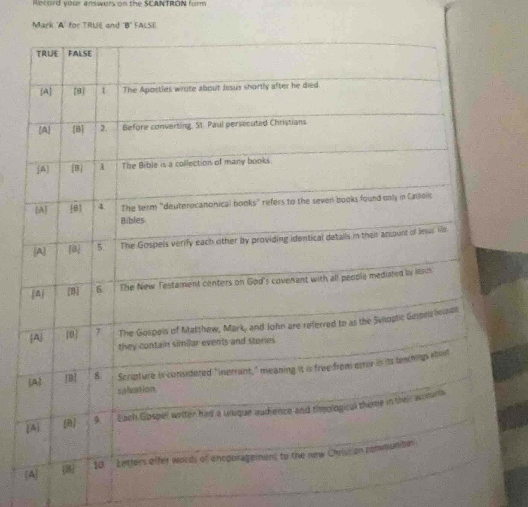 record your answers on the scantron form mark a for true and b false tr…