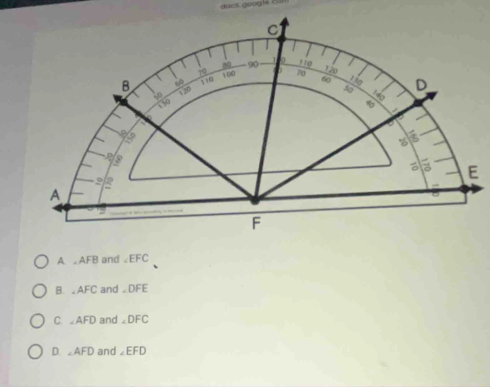 a. ∠afb and ∠efc b. ∠afc and ∠dfe c. ∠afd and ∠dfc d. ∠afd and ∠efd