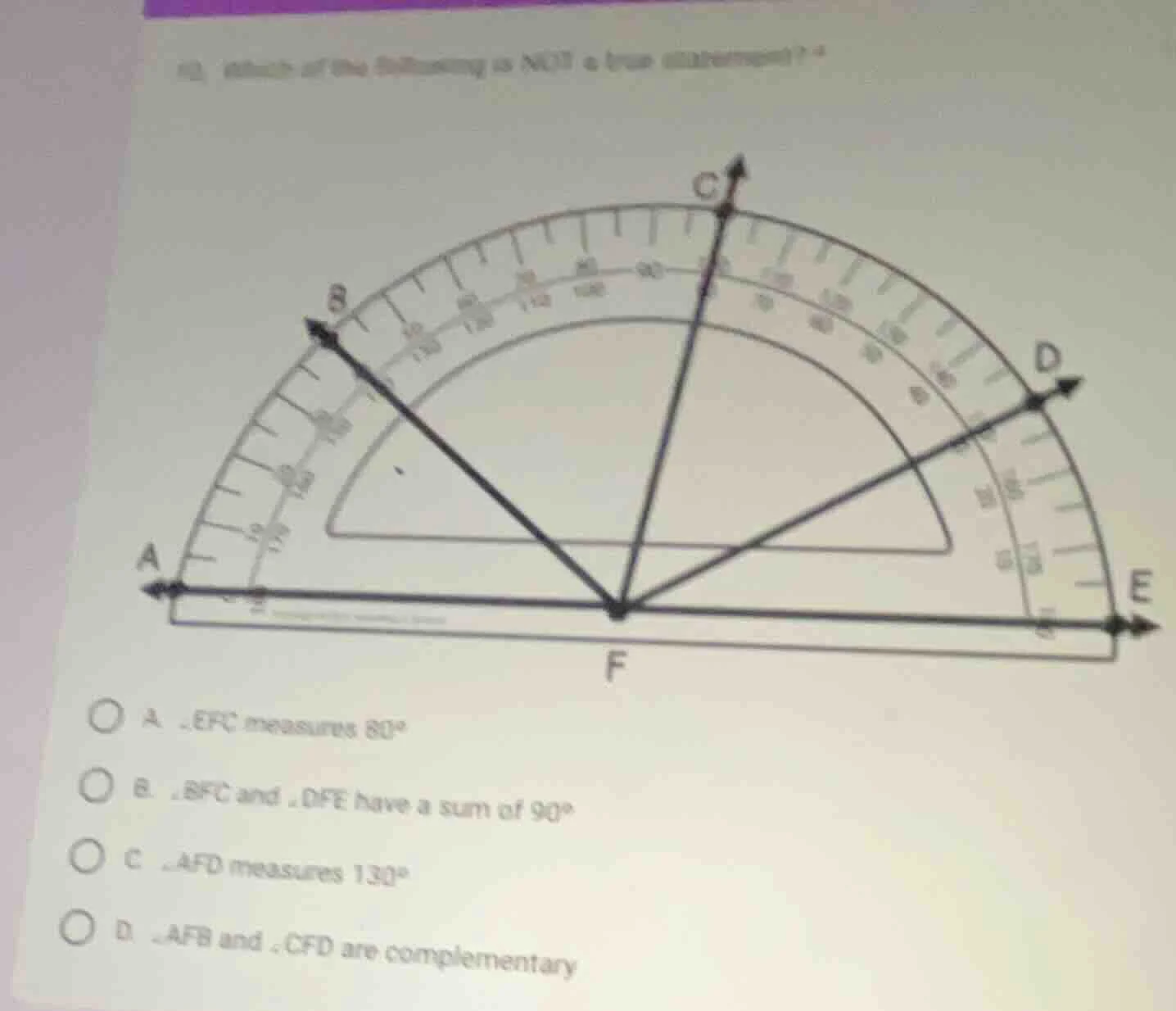 10. which of the following is not a true statement? a. ∠efc measures 80…