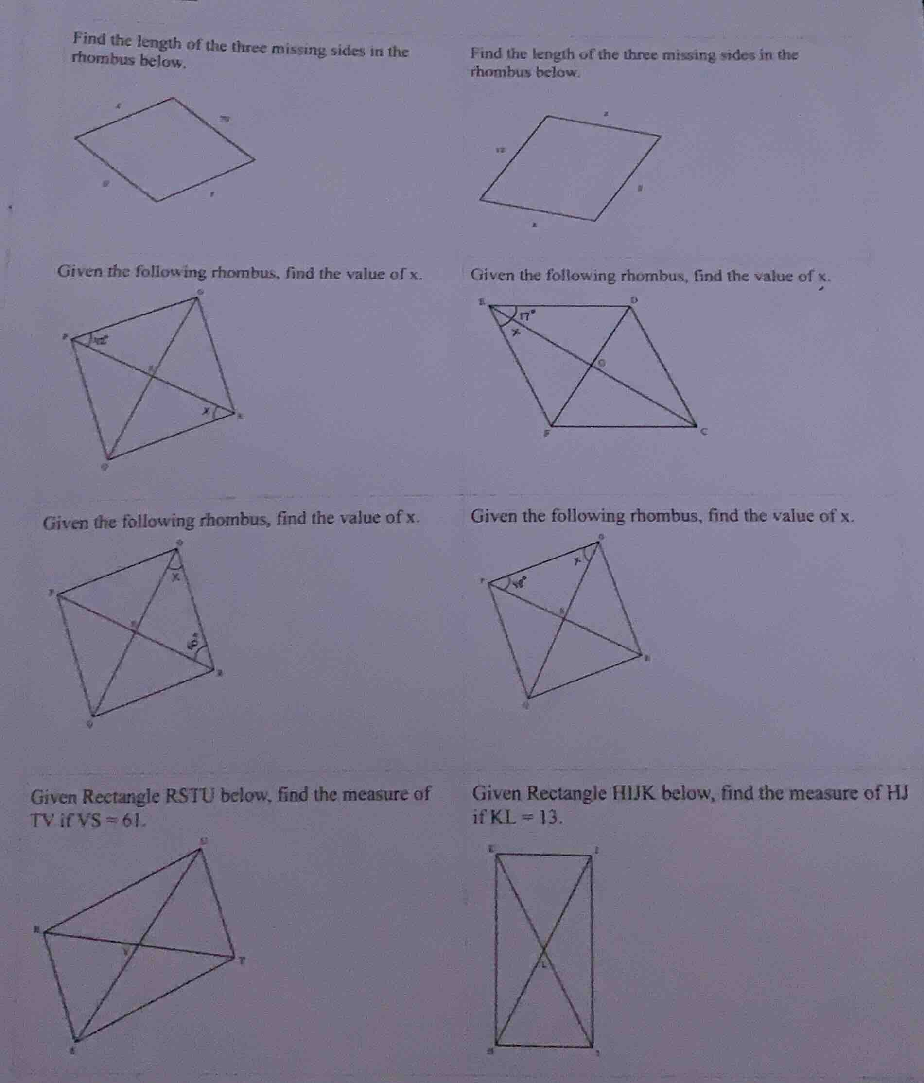 find the length of the three missing sides in the rhombus below. find t…