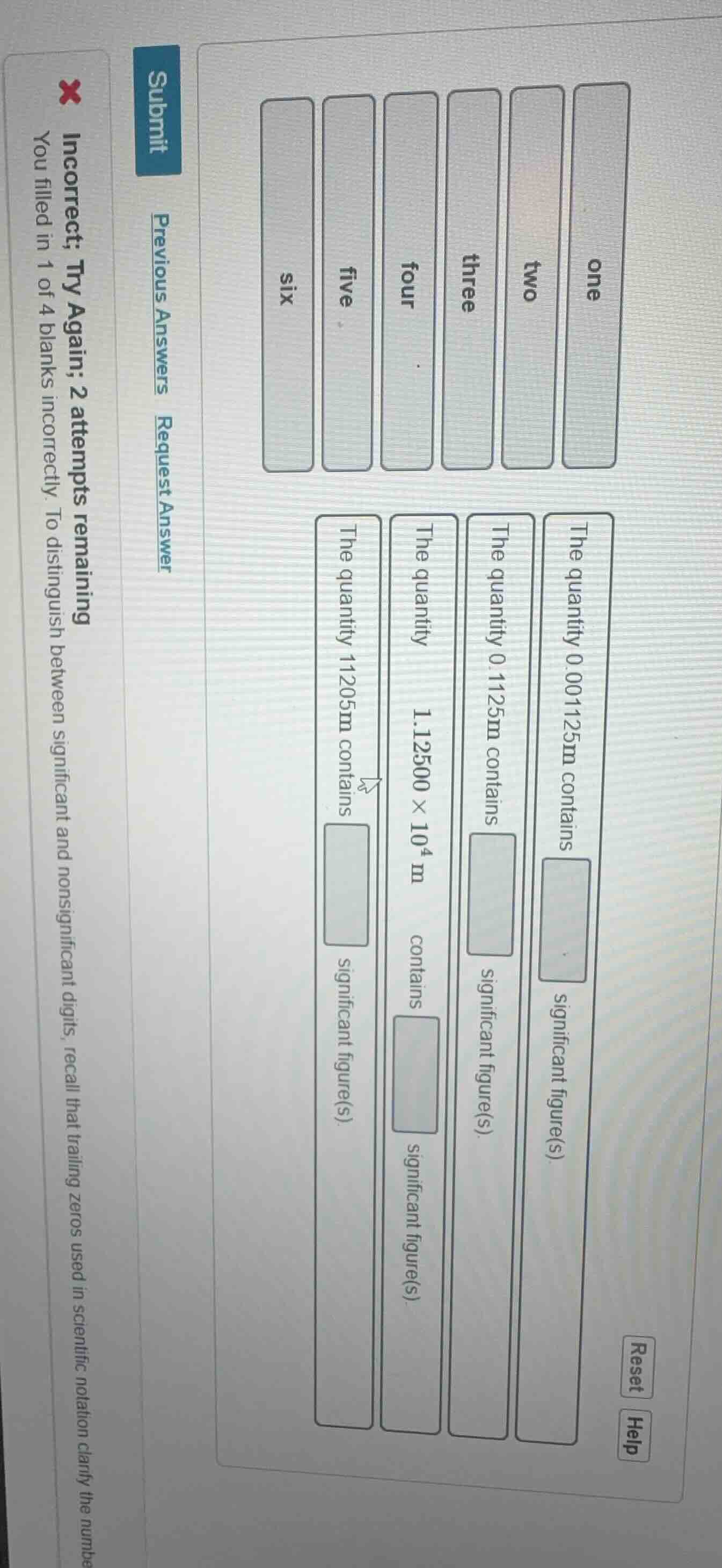 incorrect; try again; 2 attempts remaining you filled in 1 of 4 blanks …