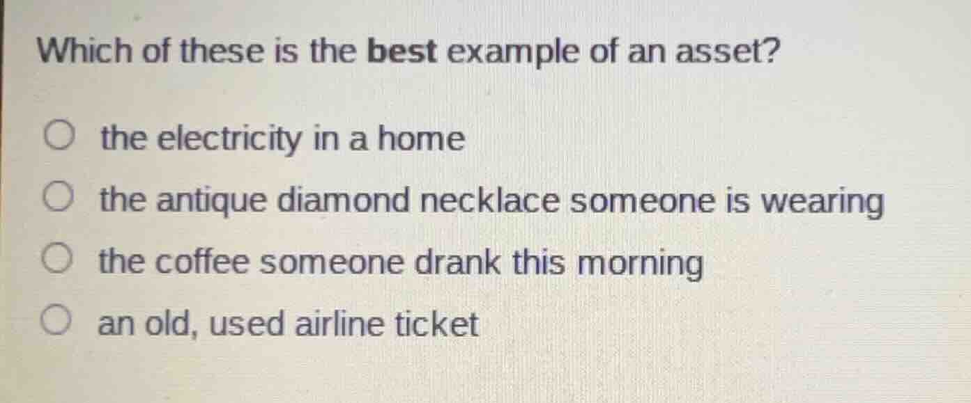 which of these is the best example of an asset? the electricity in a ho…