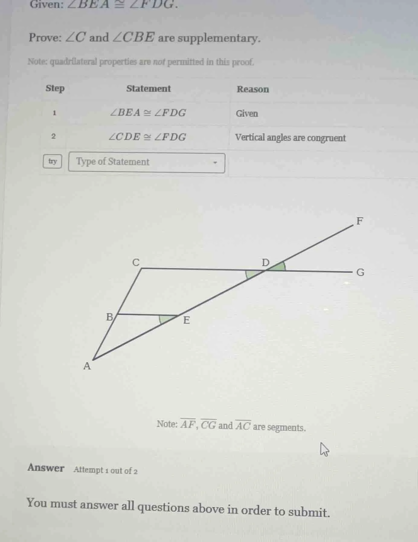 given: $\\angle bea \\cong \\angle fdg$. prove: $\\angle c$ and $\\angl…