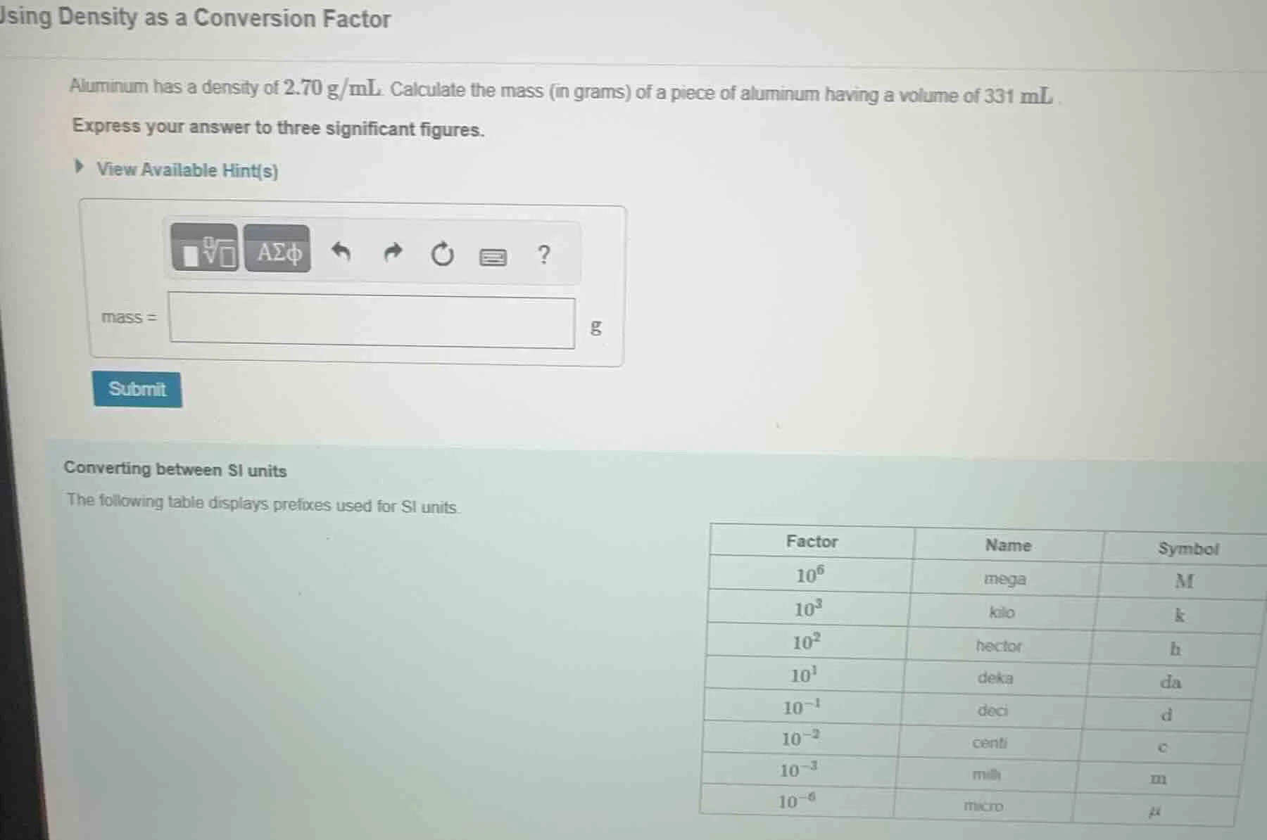 using density as a conversion factor aluminum has a density of 2.70 g/m…