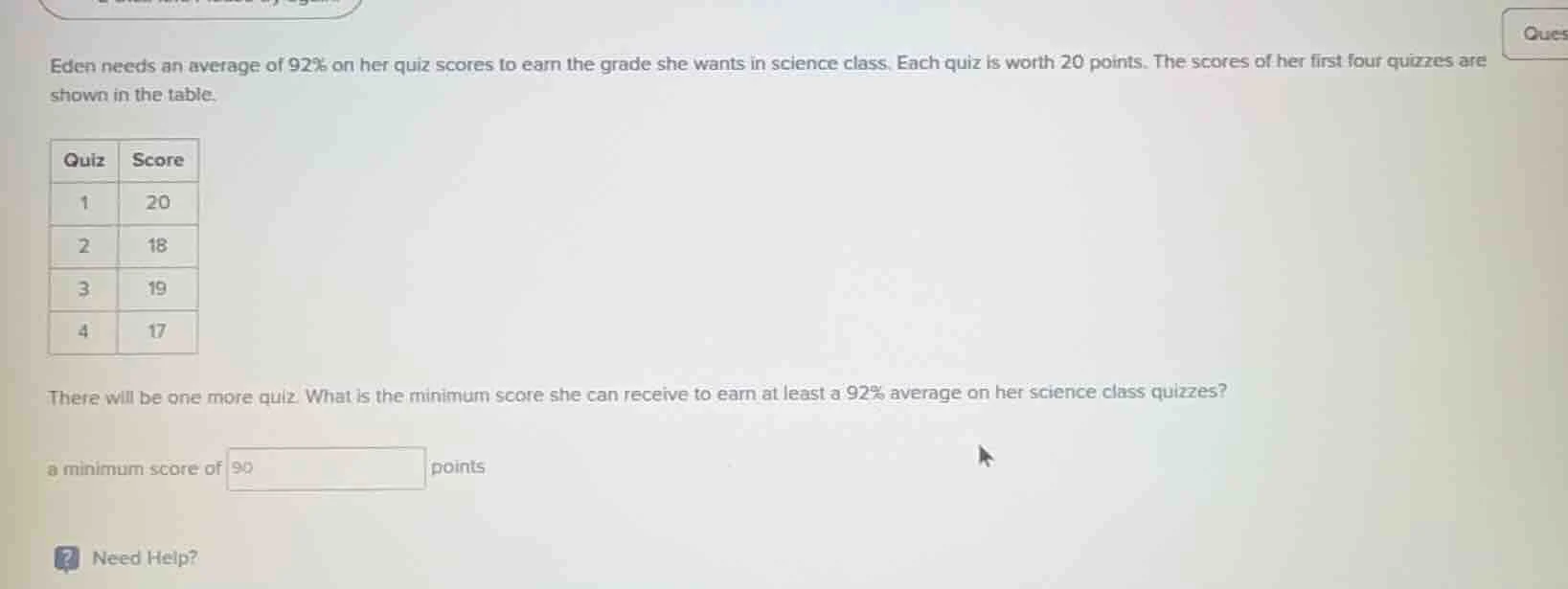 eden needs an average of 92% on her quiz scores to earn the grade she w…