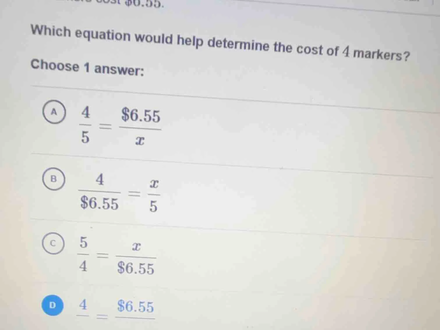 which equation would help determine the cost of 4 markers? choose 1 ans…