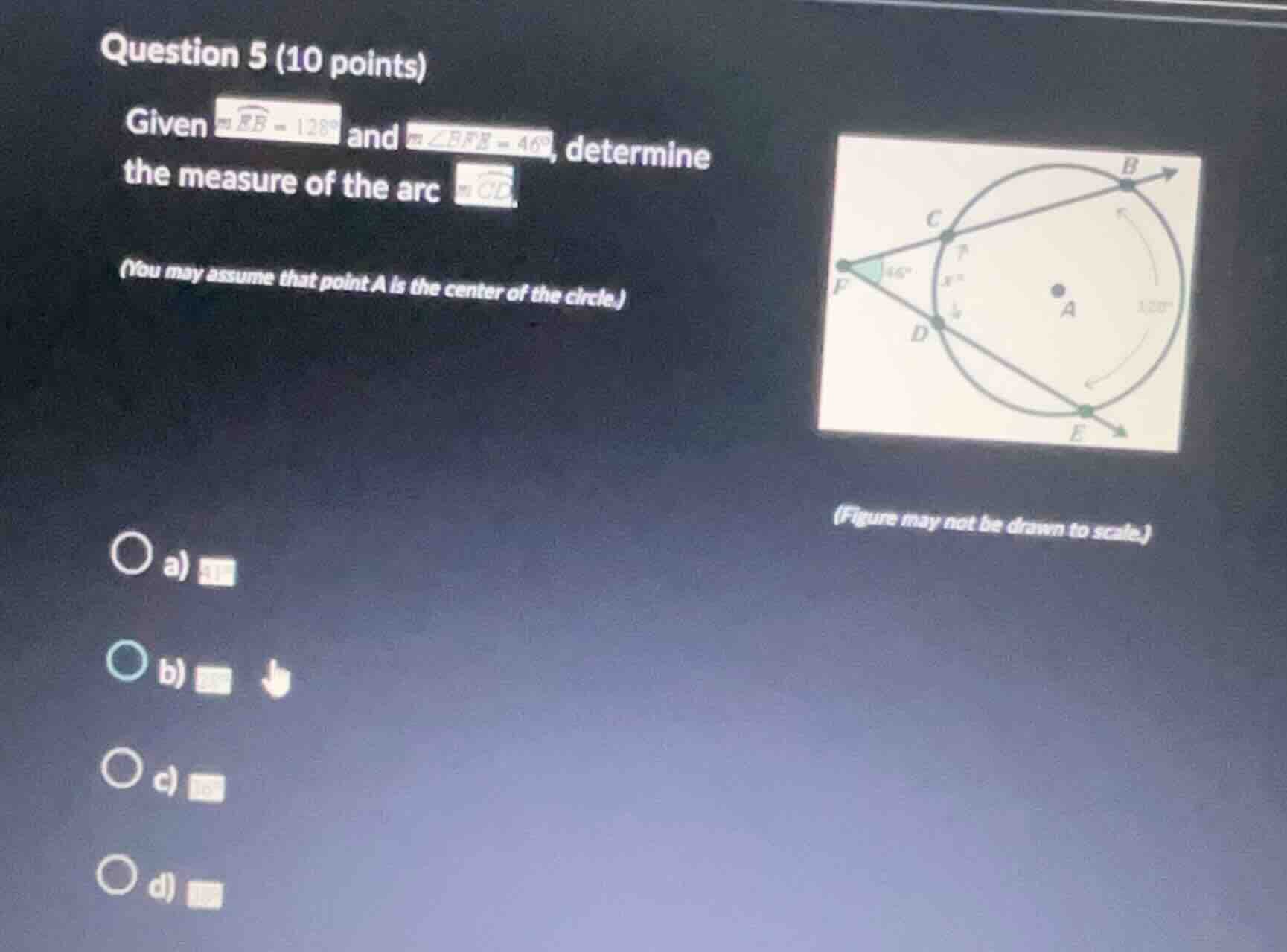 question 5 (10 points) given ( moverarc{eb} = 128^circ ) and ( mangle e…