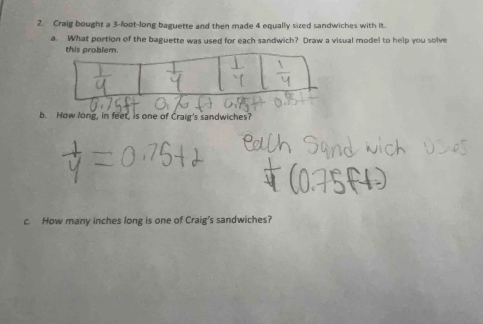 2. craig bought a 3-foot-long baguette and then made 4 equally sized sa…