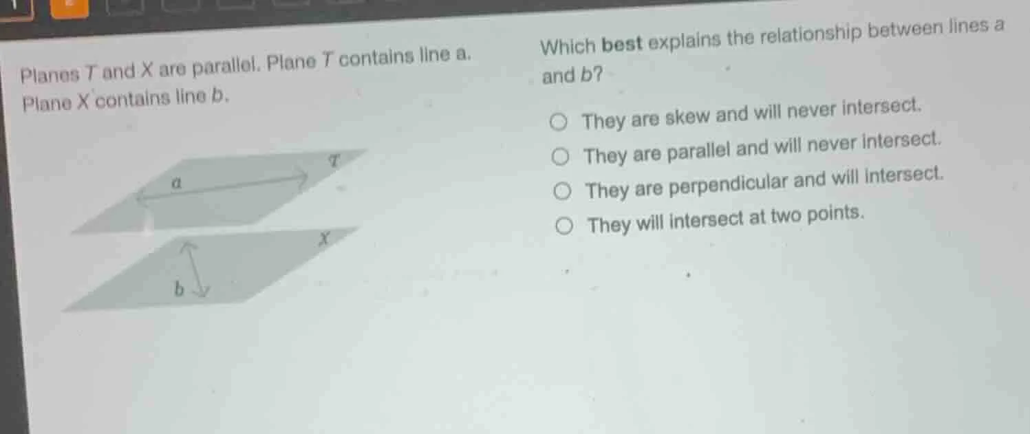 planes t and x are parallel. plane t contains line a. plane x contains …
