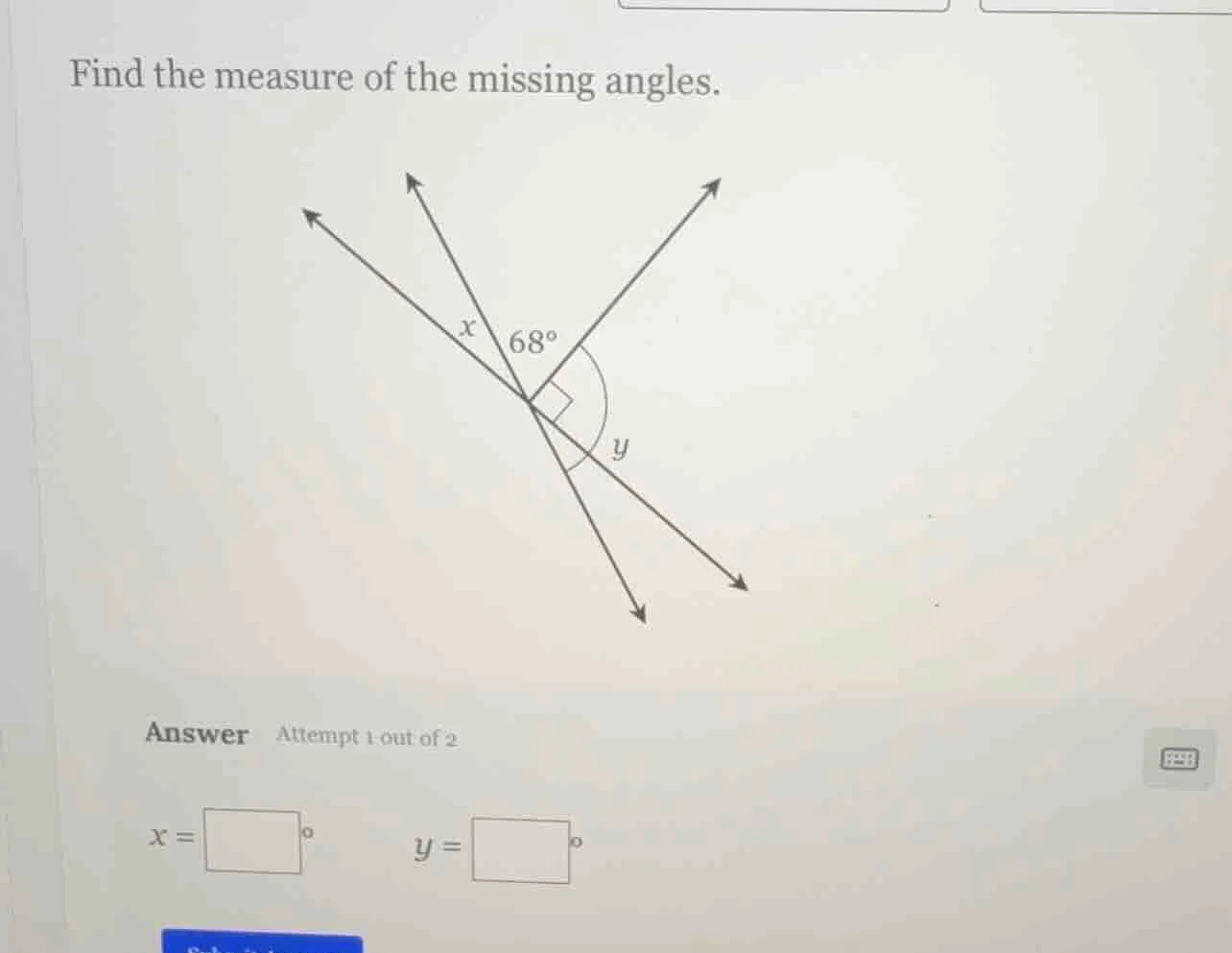 find the measure of the missing angles. answer attempt 1 out of 2 x = \…