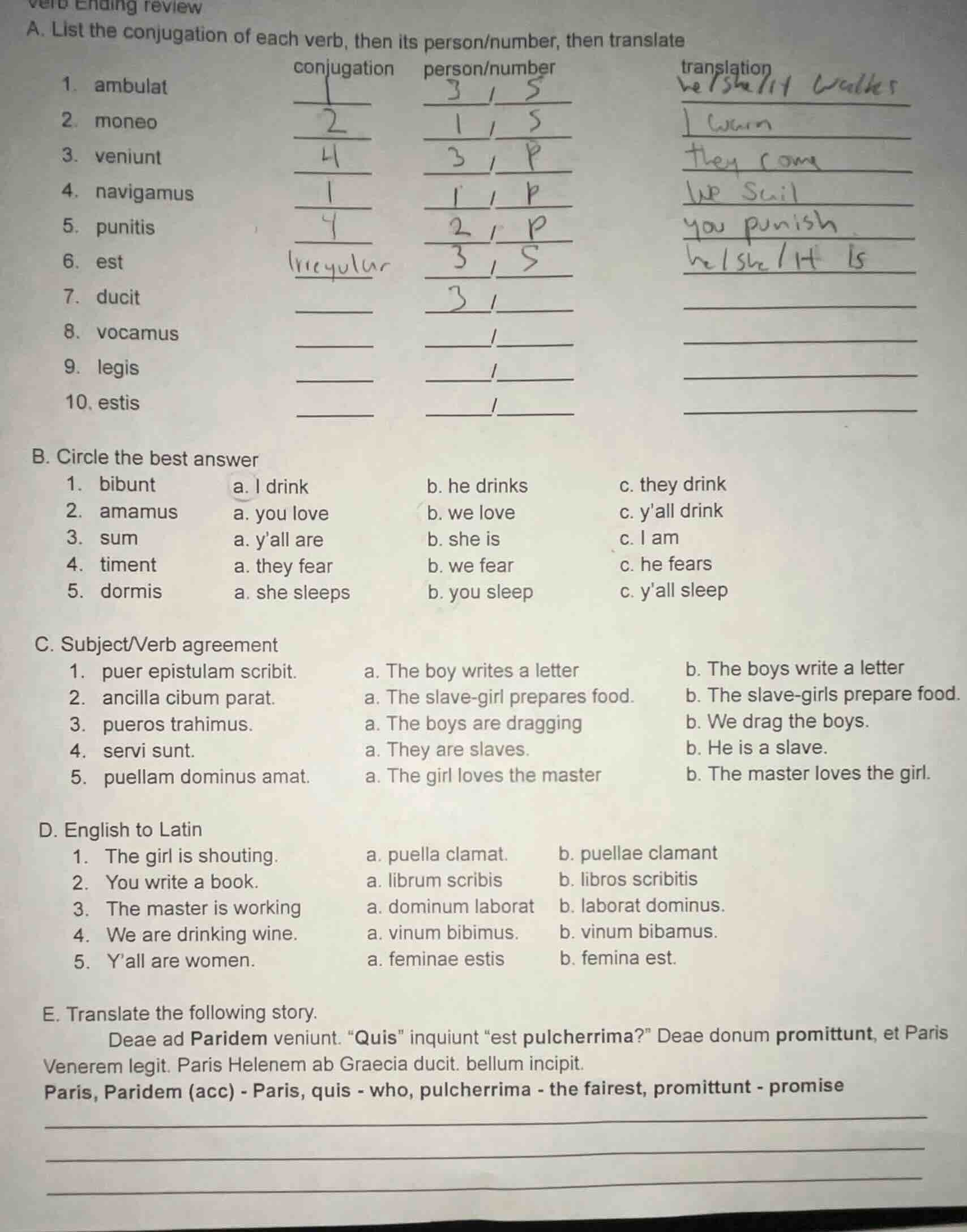 verb ending review a. list the conjugation of each verb, then its perso…