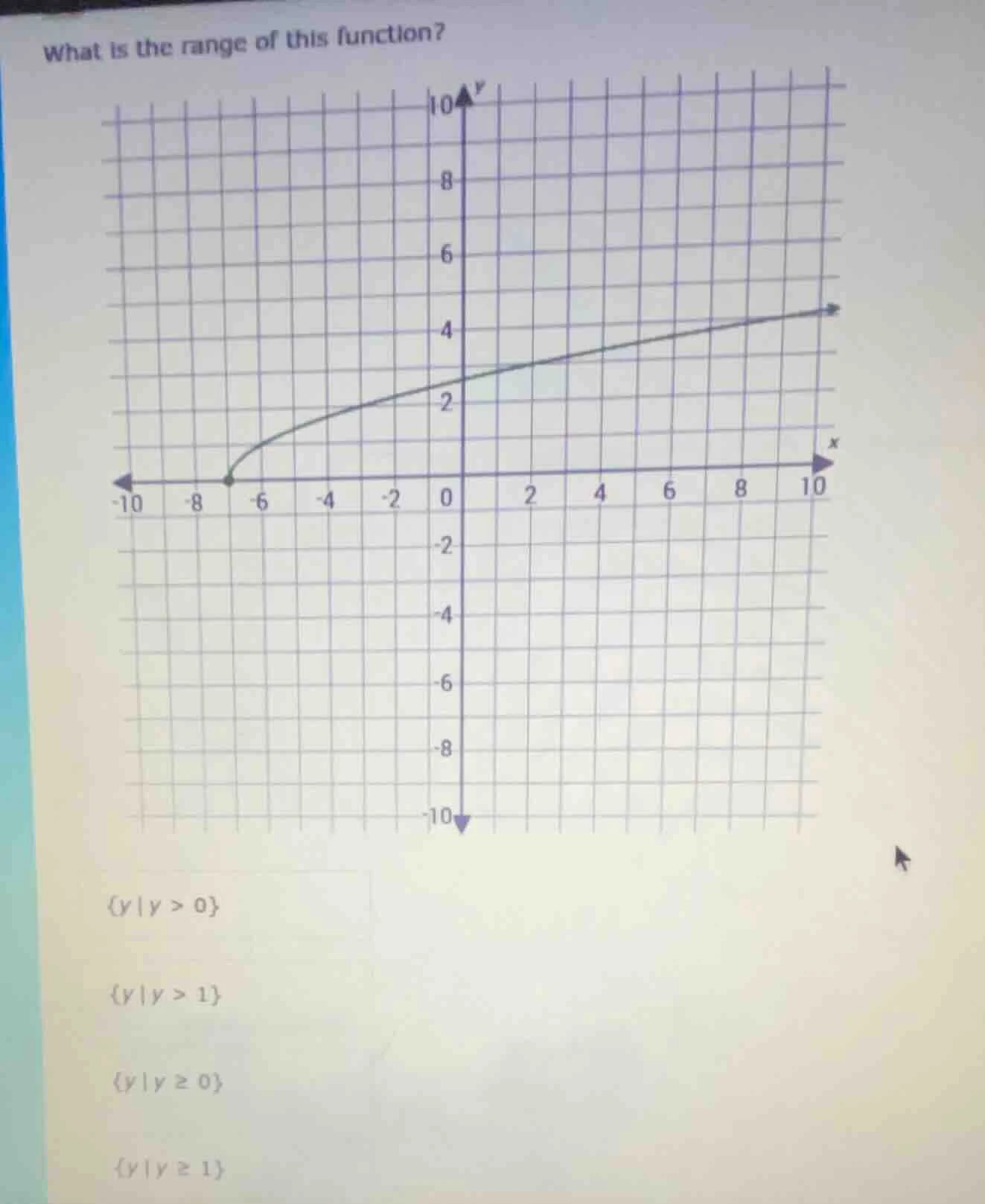 what is the range of this function? {y|y > 0} {y|y > 1} {y|y ≥ 0} {y|y …