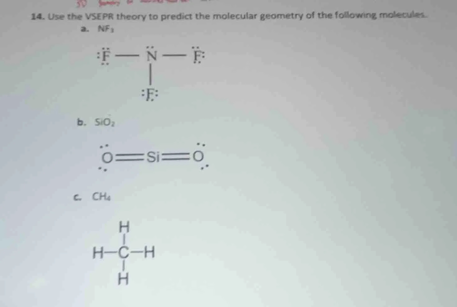 14. use the vsepr theory to predict the molecular geometry of the follo…