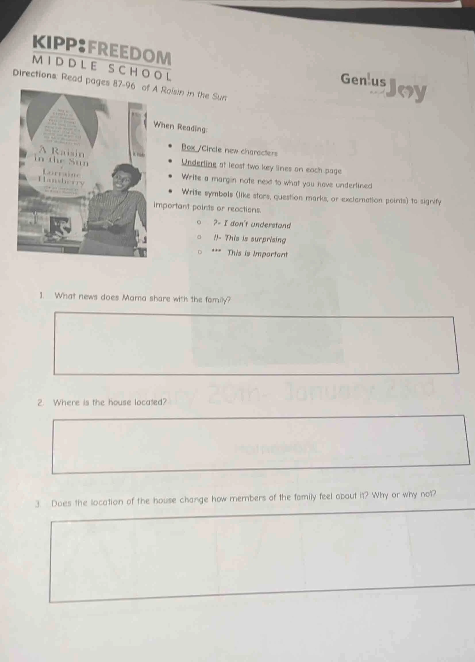 kipp:freedom middle school gen!us joy directions: read pages 87-96 of a…