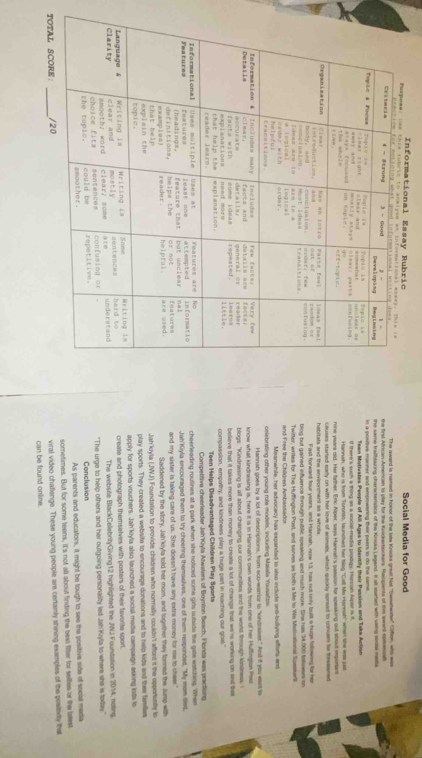 total score: ______/20 informational essay rubric purpose: use this rub…