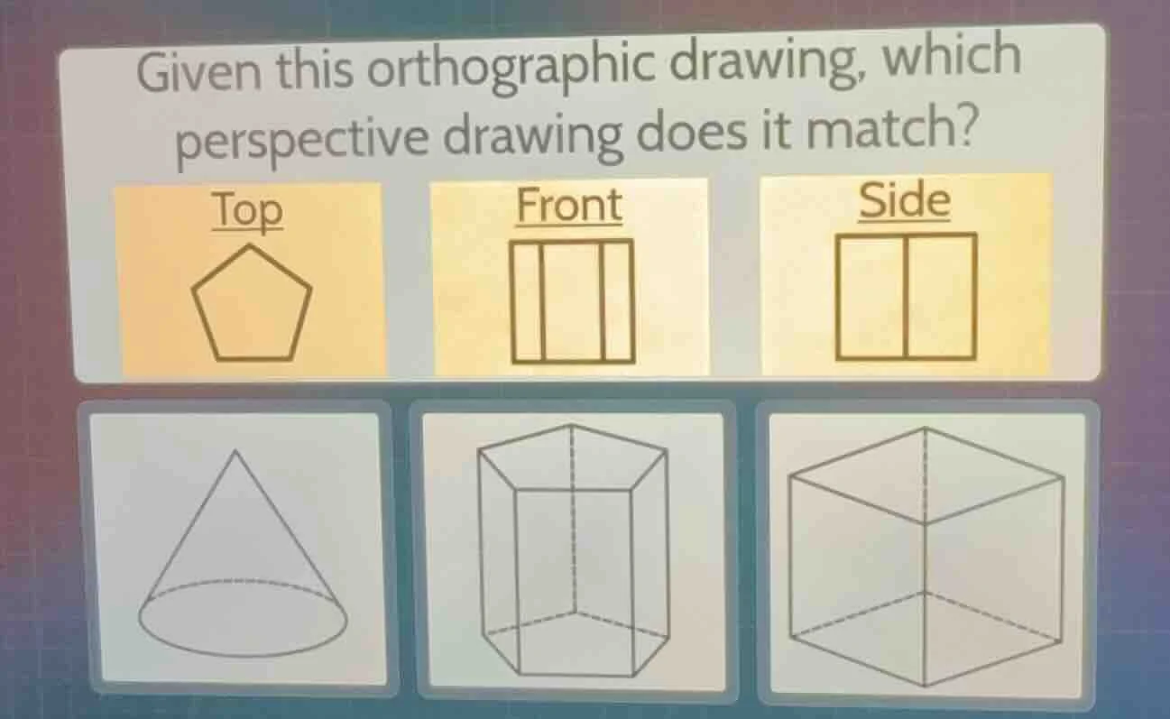 given this orthographic drawing, which perspective drawing does it matc…