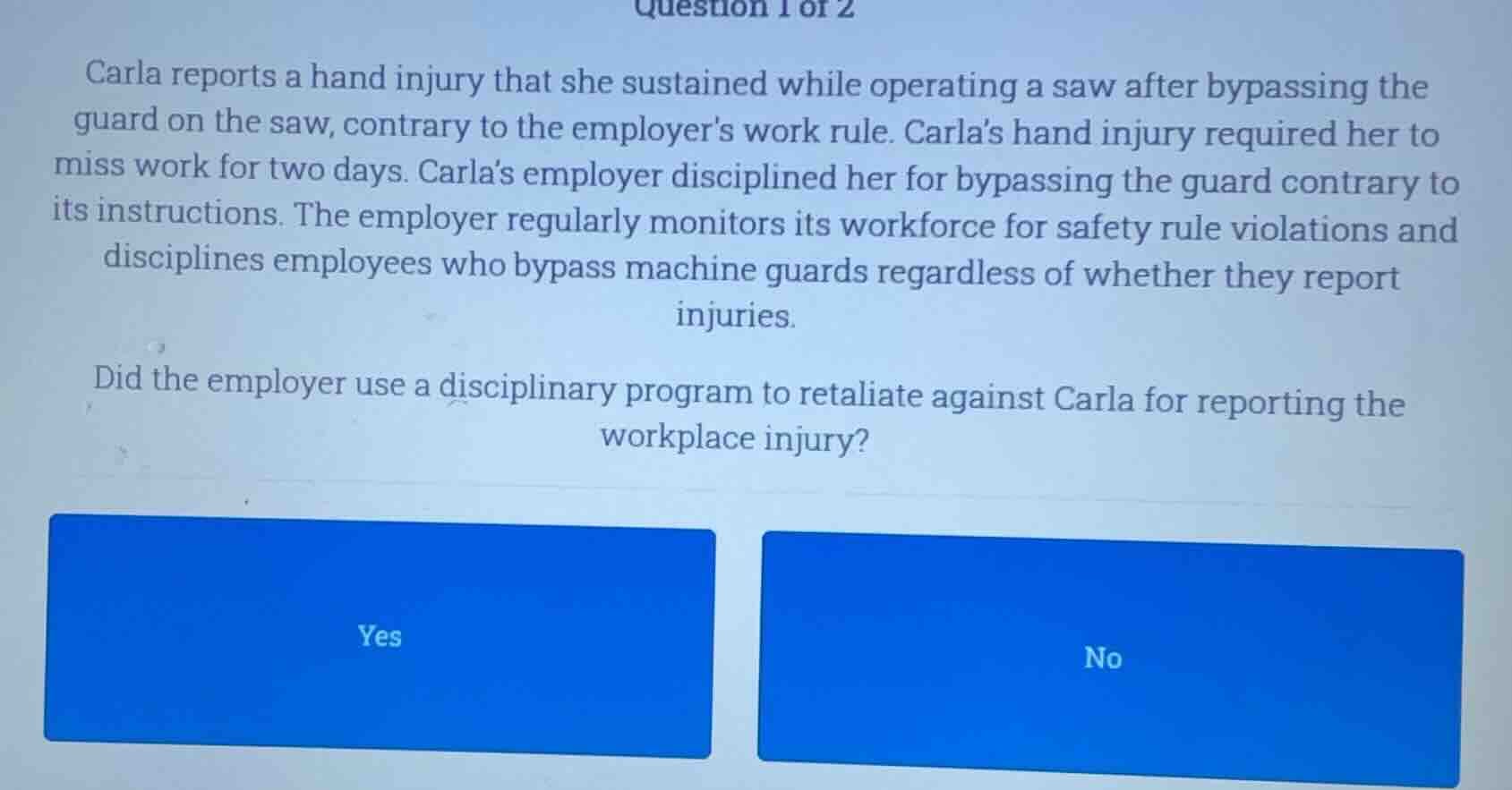 question 1 of 2 carla reports a hand injury that she sustained while op…