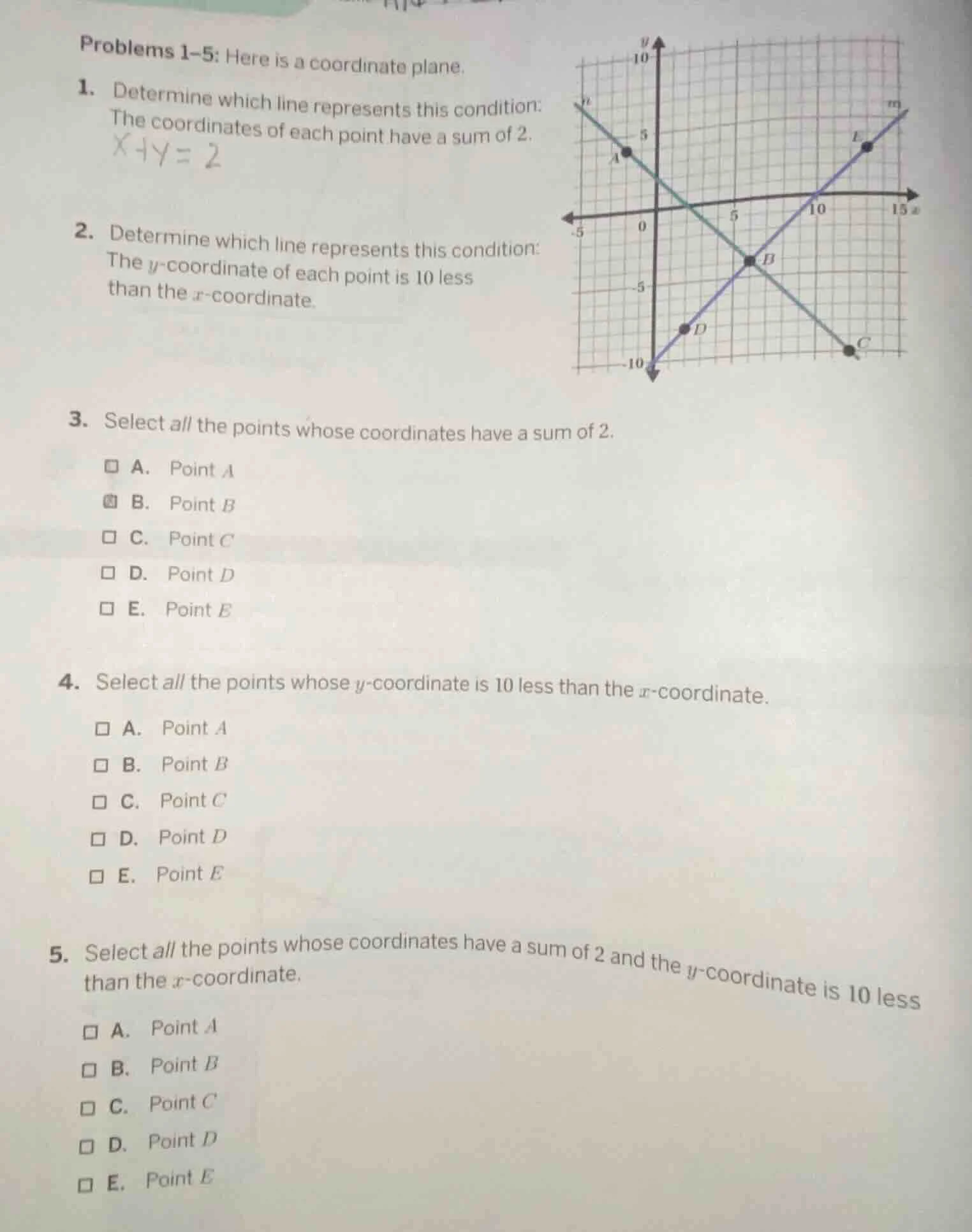 problems 1–5: here is a coordinate plane. 1. determine which line repre…