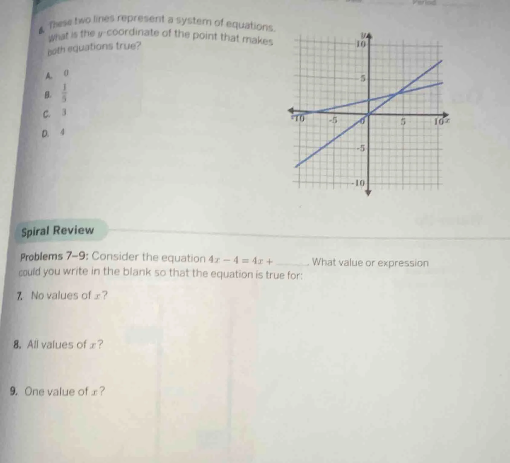 6. these two lines represent a system of equations. what is the y - coo…