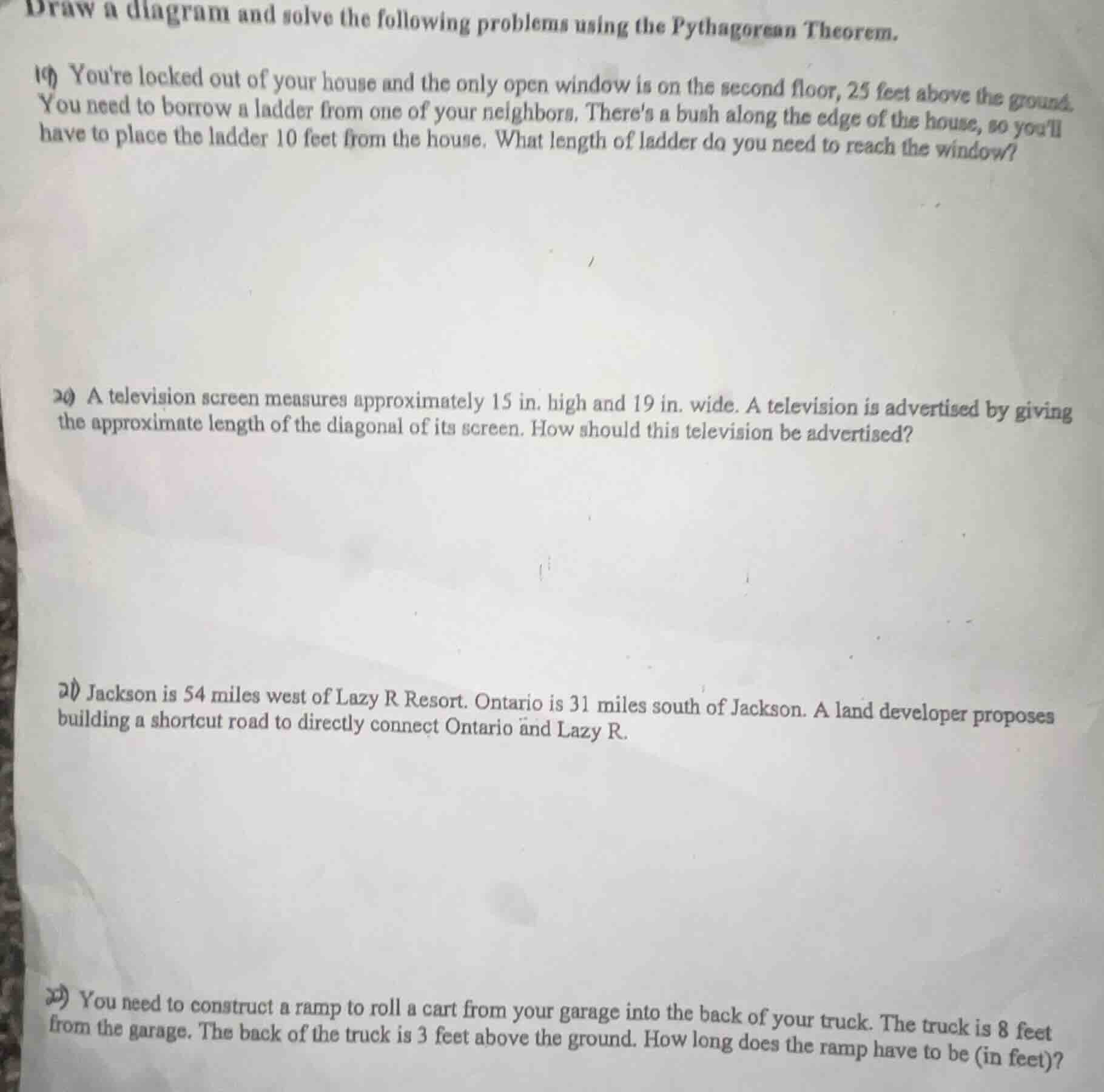 draw a diagram and solve the following problems using the pythagorean t…