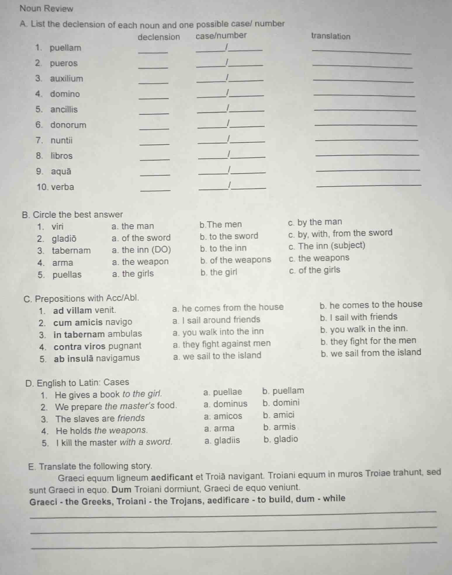 noun review a. list the declension of each noun and one possible case/ …
