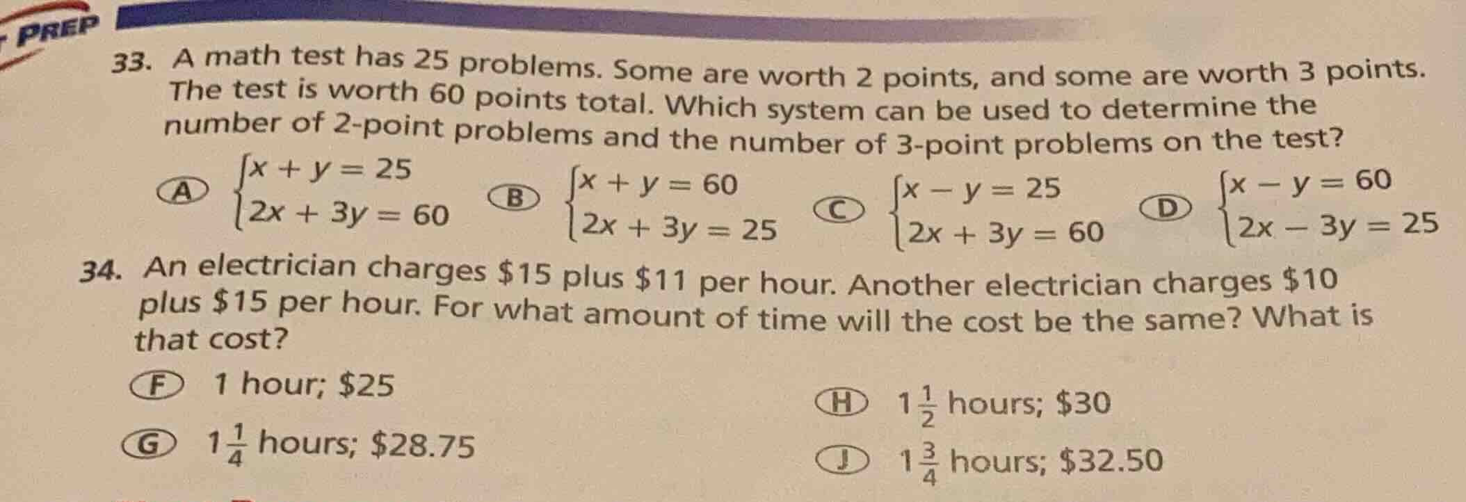 33. a math test has 25 problems. some are worth 2 points, and some are …