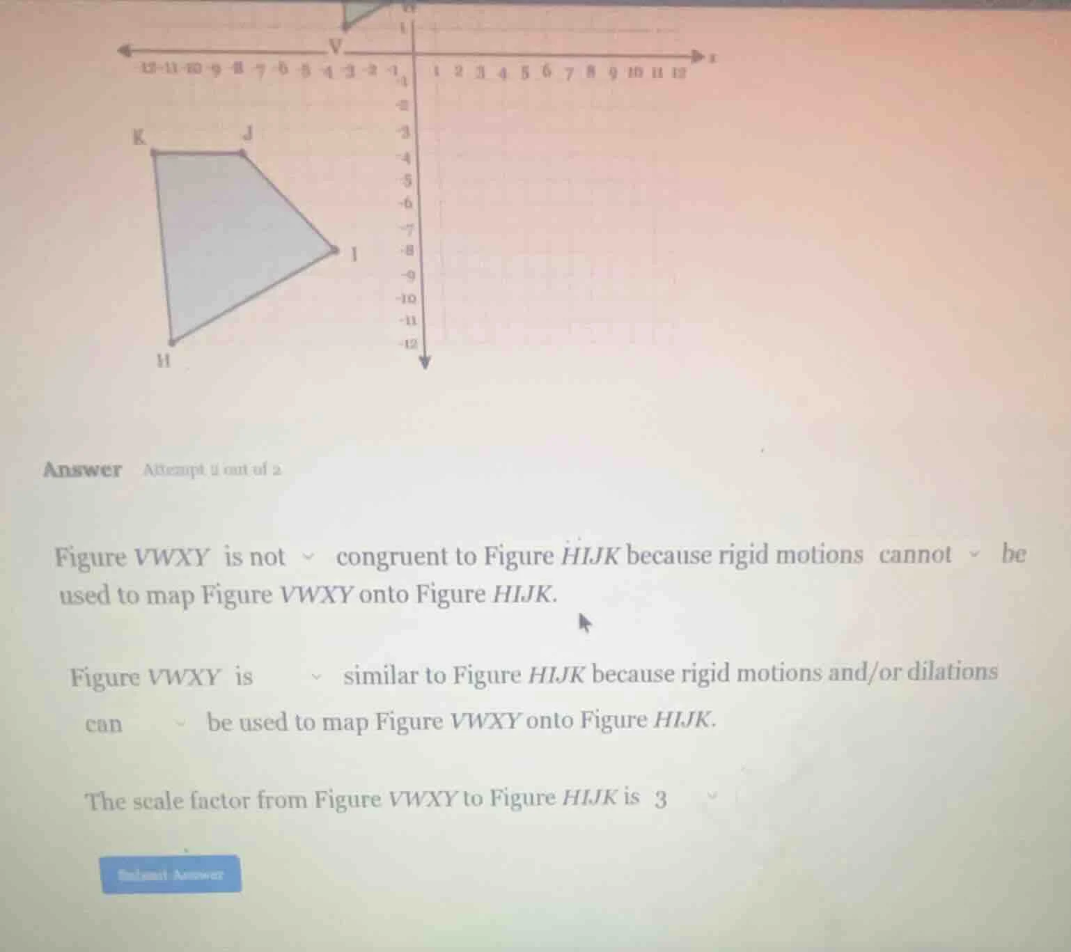 answer attempt 1 out of 2 figure vwxy is not ~ congruent to figure hijk…