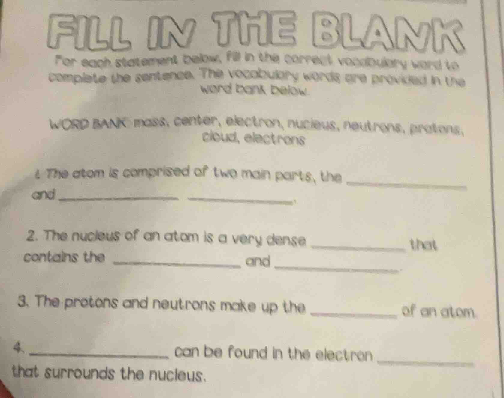 fill in the blank for each statement below, fill in the correct vocabul…