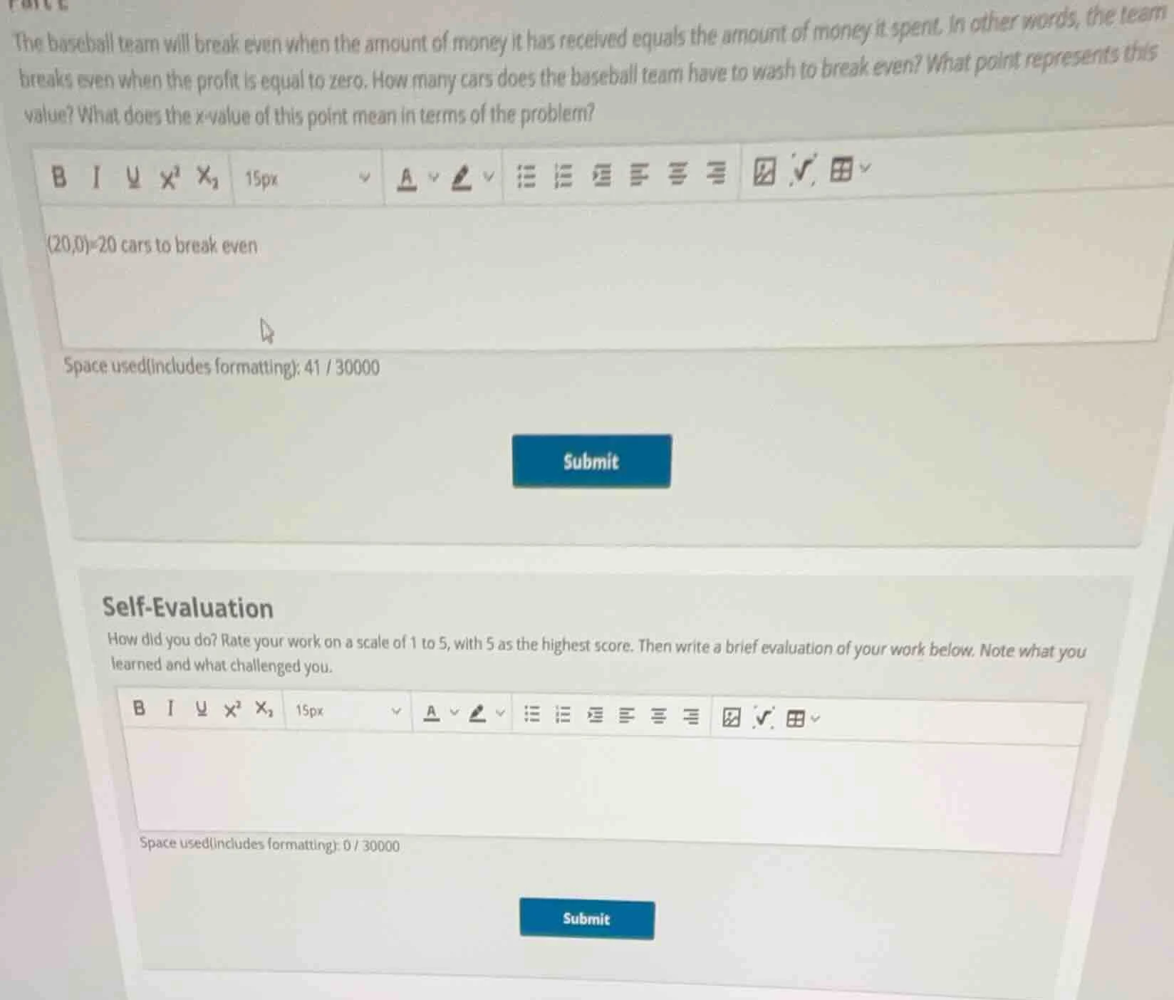 the baseball team will break even when the amount of money it has recei…