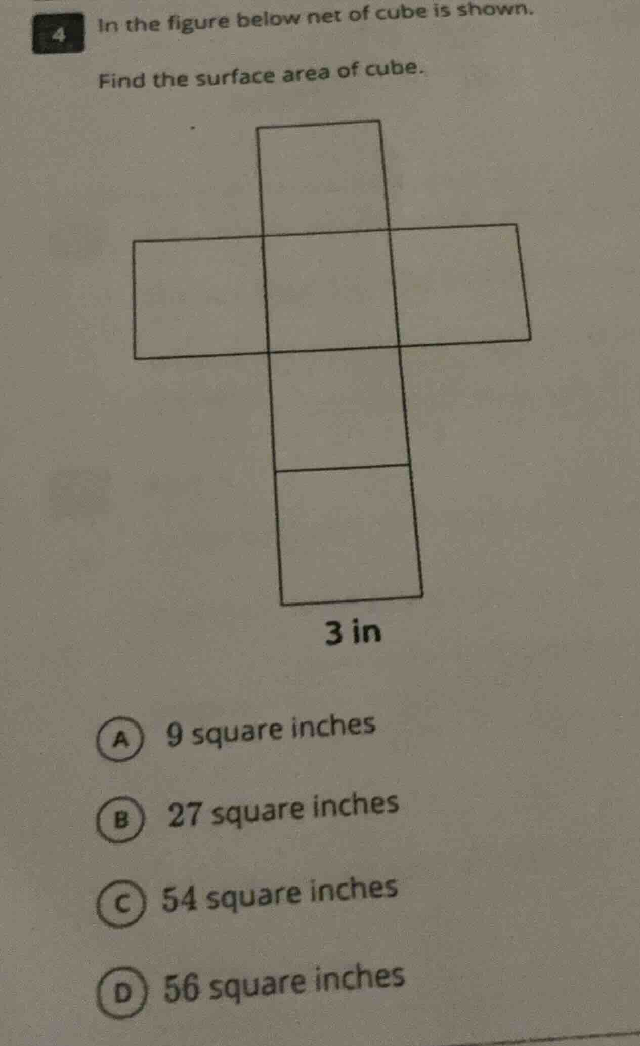 4 in the figure below net of cube is shown. find the surface area of cu…