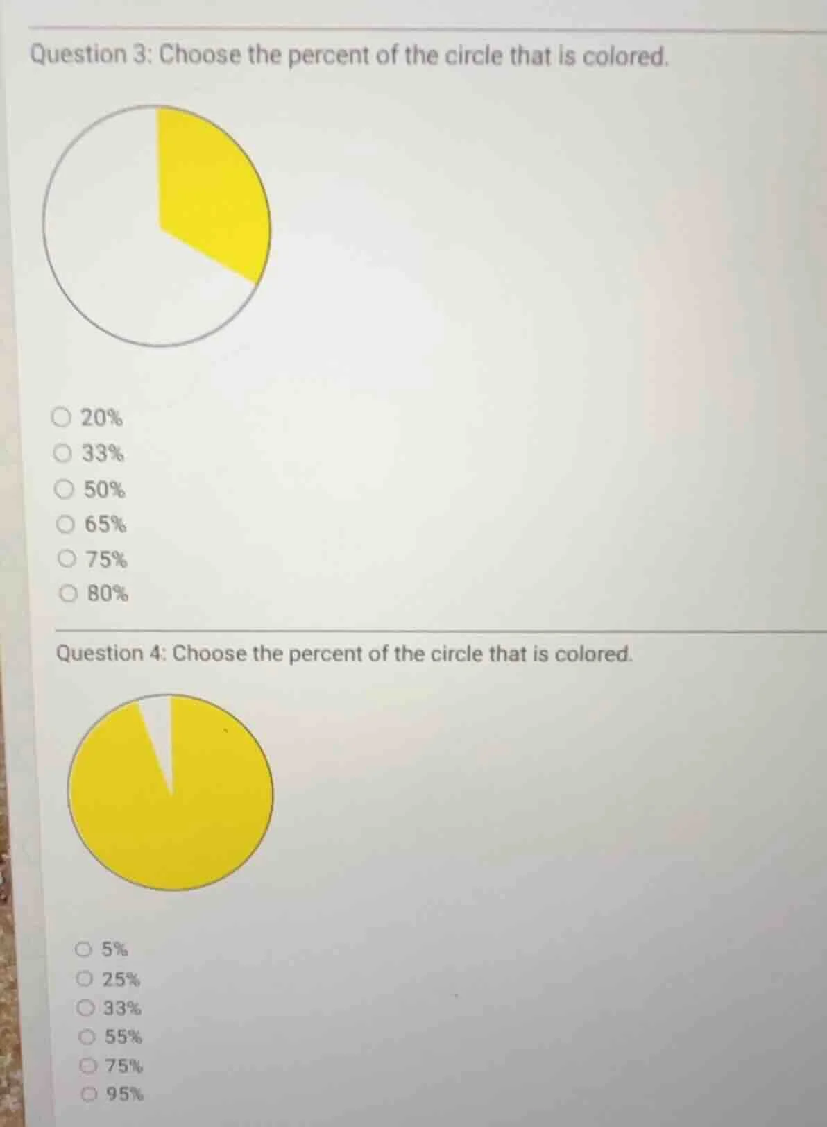 question 3: choose the percent of the circle that is colored. 20% 33% 5…