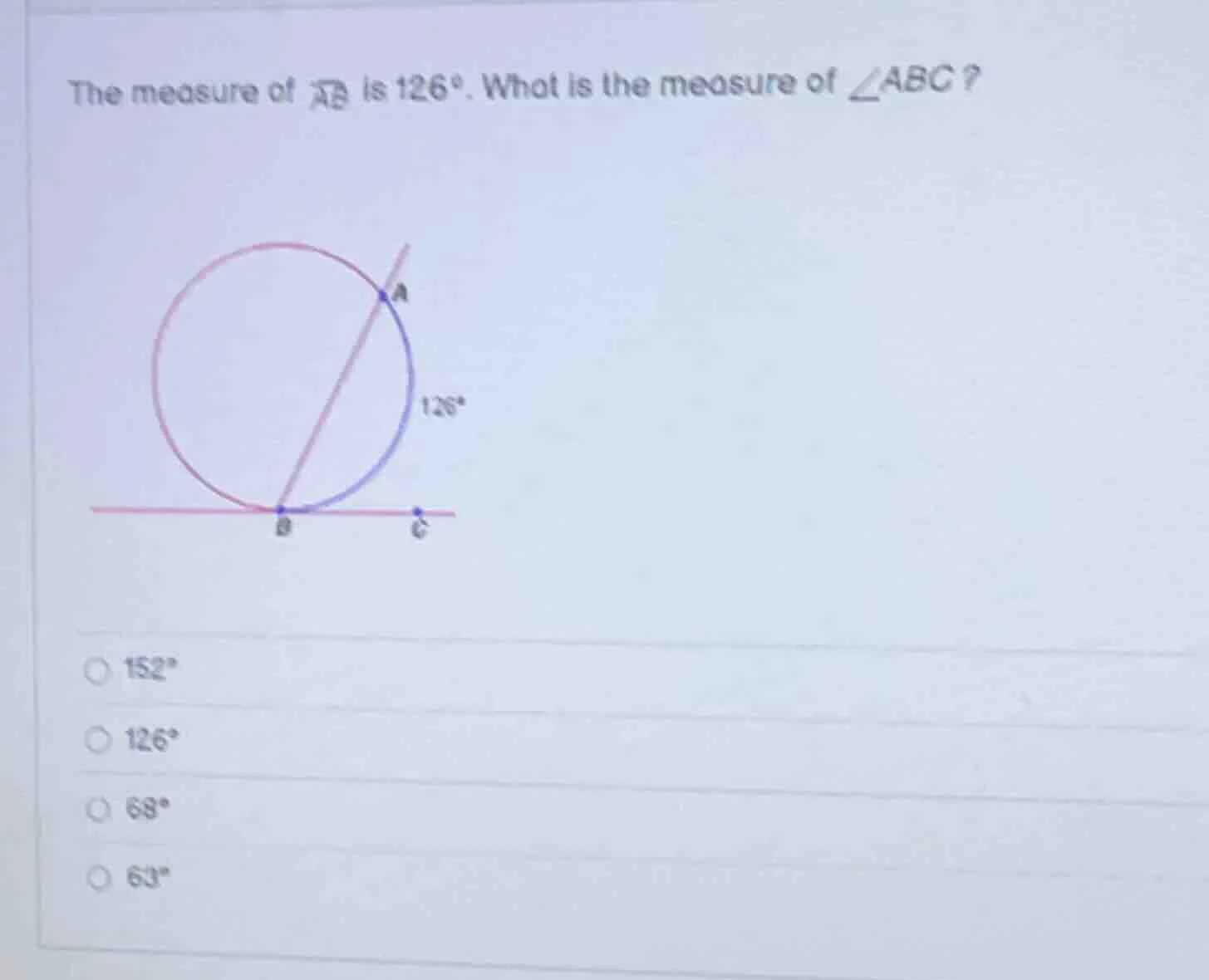 the measure of (overarc{ab}) is (126^circ). what is the measure of (ang…