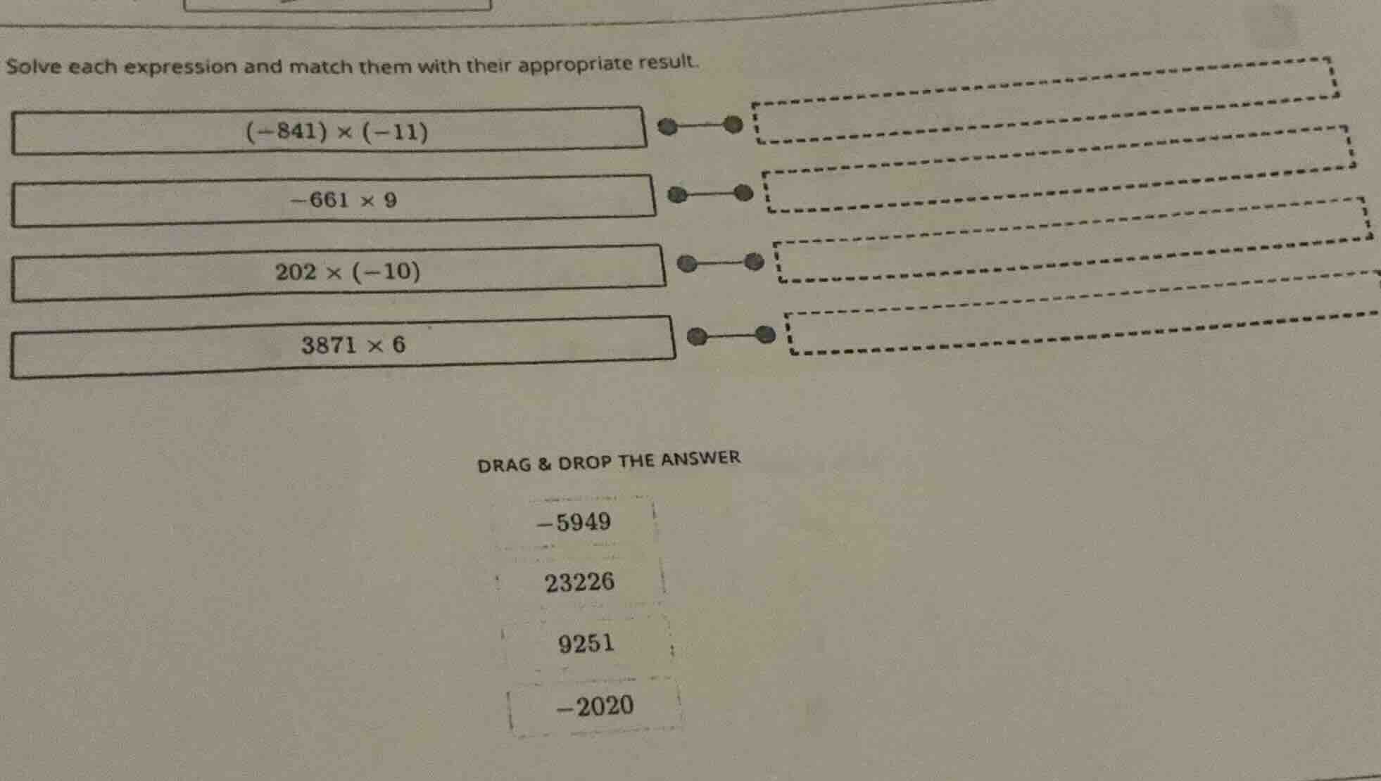 solve each expression and match them with their appropriate result. (-8…