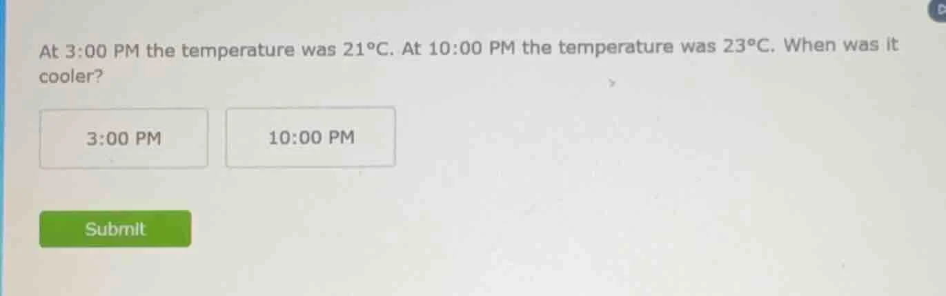 at 3:00 pm the temperature was 21°c. at 10:00 pm the temperature was 23…