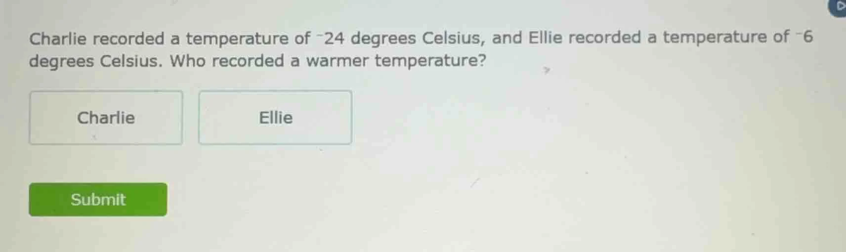 charlie recorded a temperature of -24 degrees celsius, and ellie record…