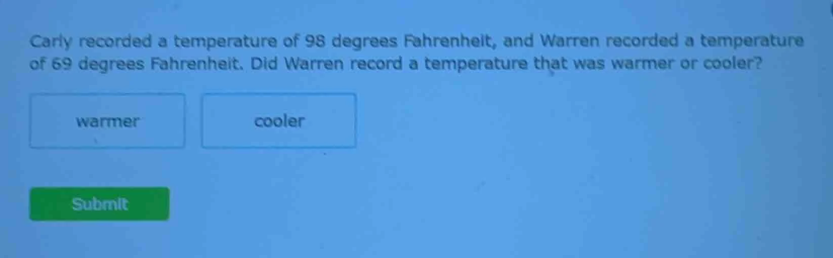 carly recorded a temperature of 98 degrees fahrenheit, and warren recor…