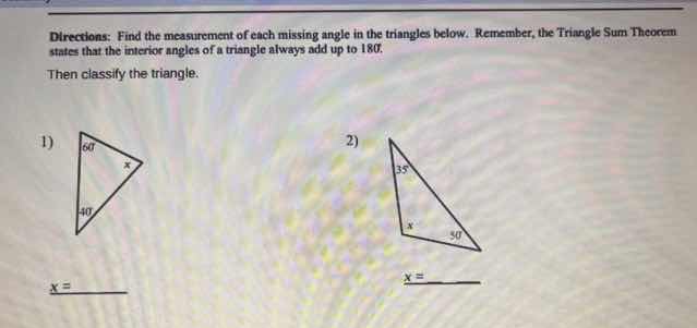directions: find the measurement of each missing angle in the triangles…