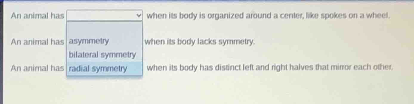an animal has when its body is organized around a center, like spokes o…