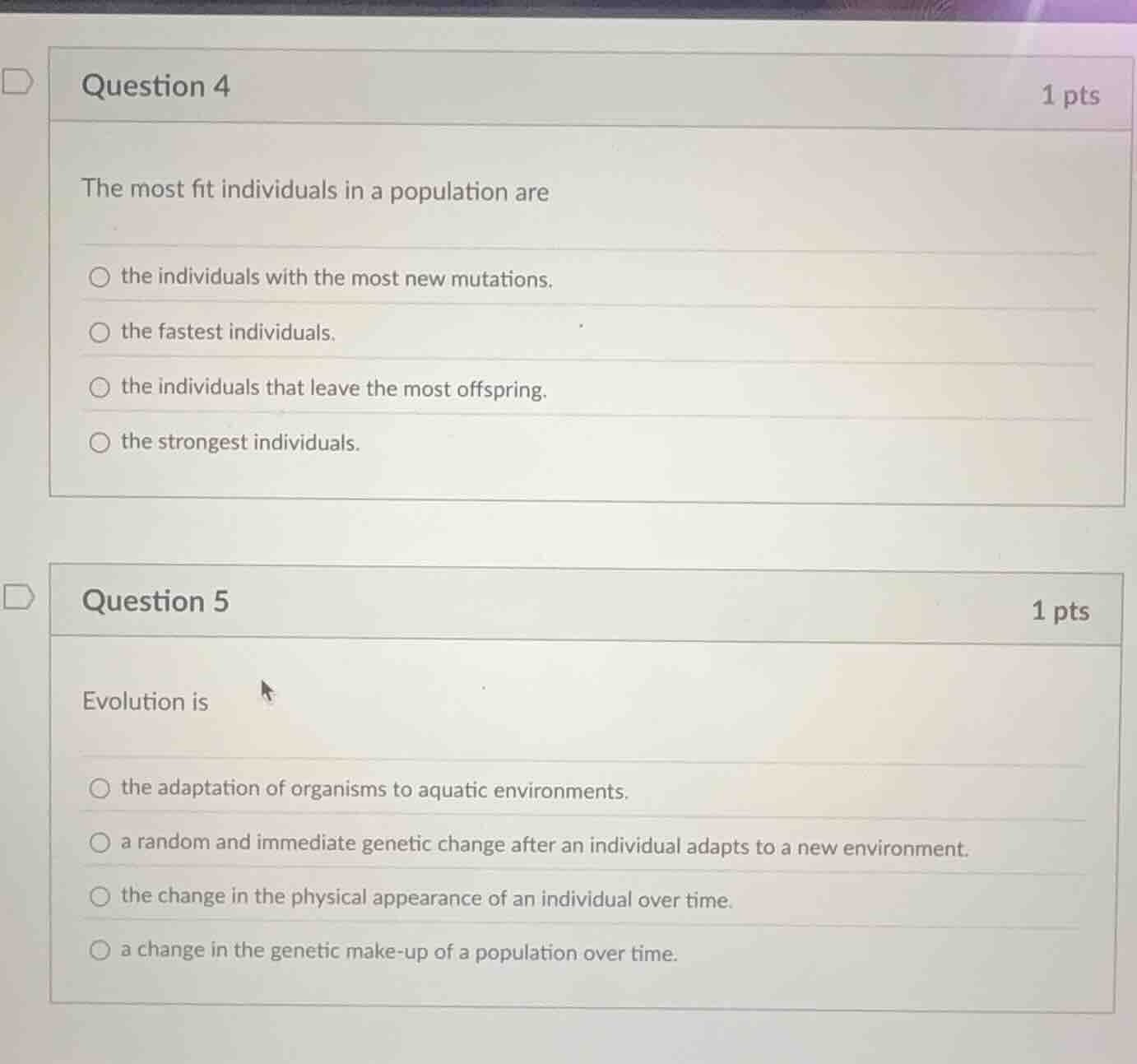question 4 1 pts the most fit individuals in a population are the indiv…